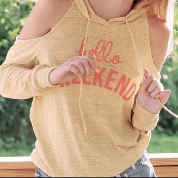 “Hello Weekend” Graphic Cold Shoulder Hoodie‎ - Picture 1 of 13